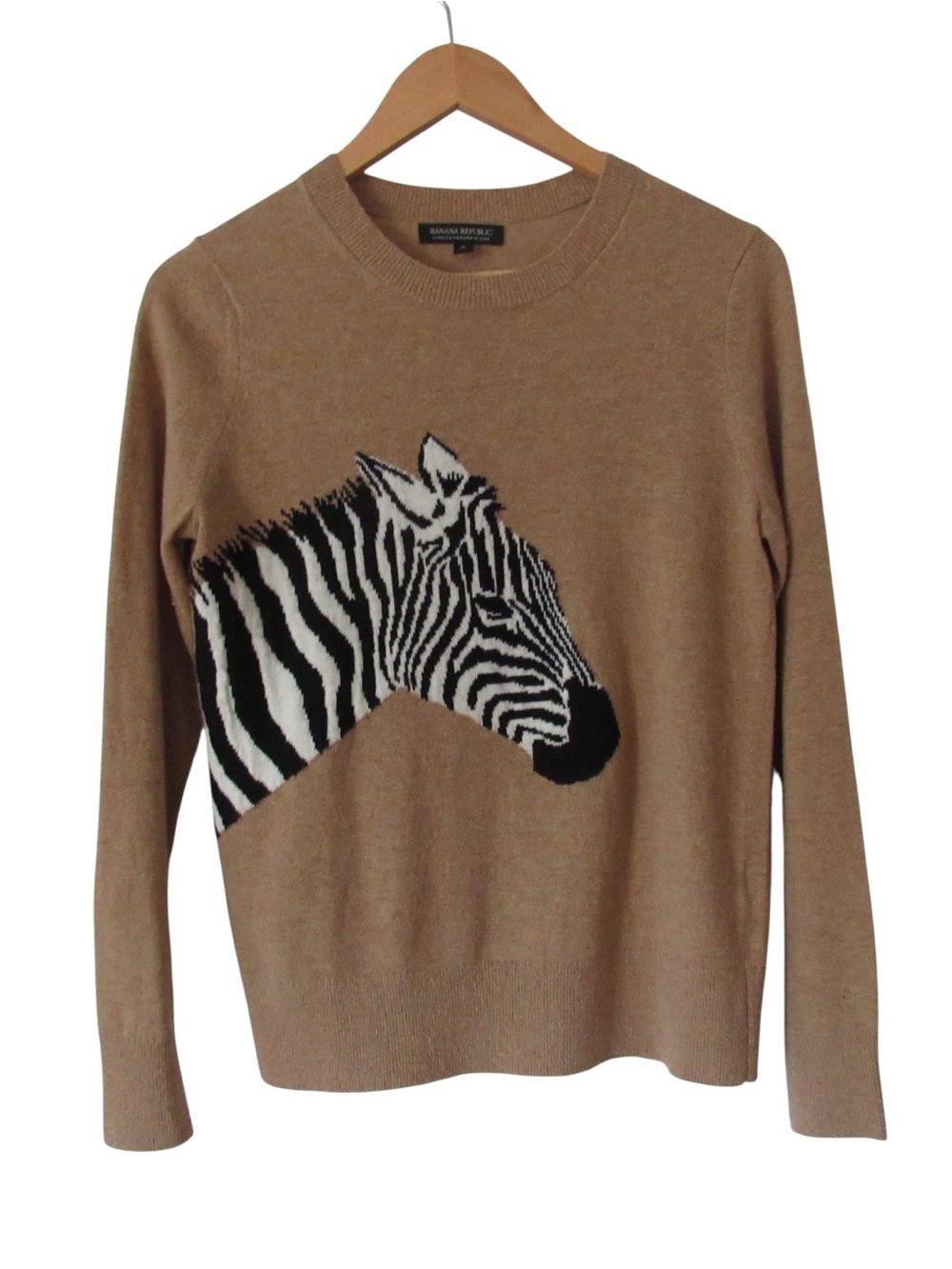 Banana Republic Zebra Sweater Small Tan Brown Italian Wool Blend Artsy Whimsical - Picture 1 of 8